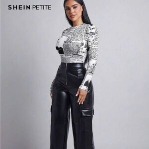 SHEIN Petite Newspaper Print Bodysuit